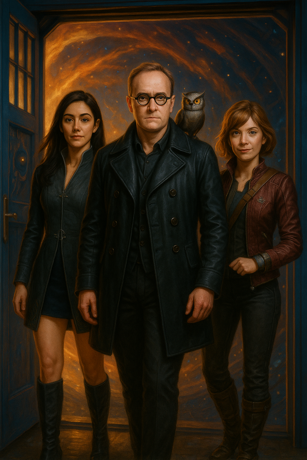 The Unified Doctor, his companions and owl in the time vortex